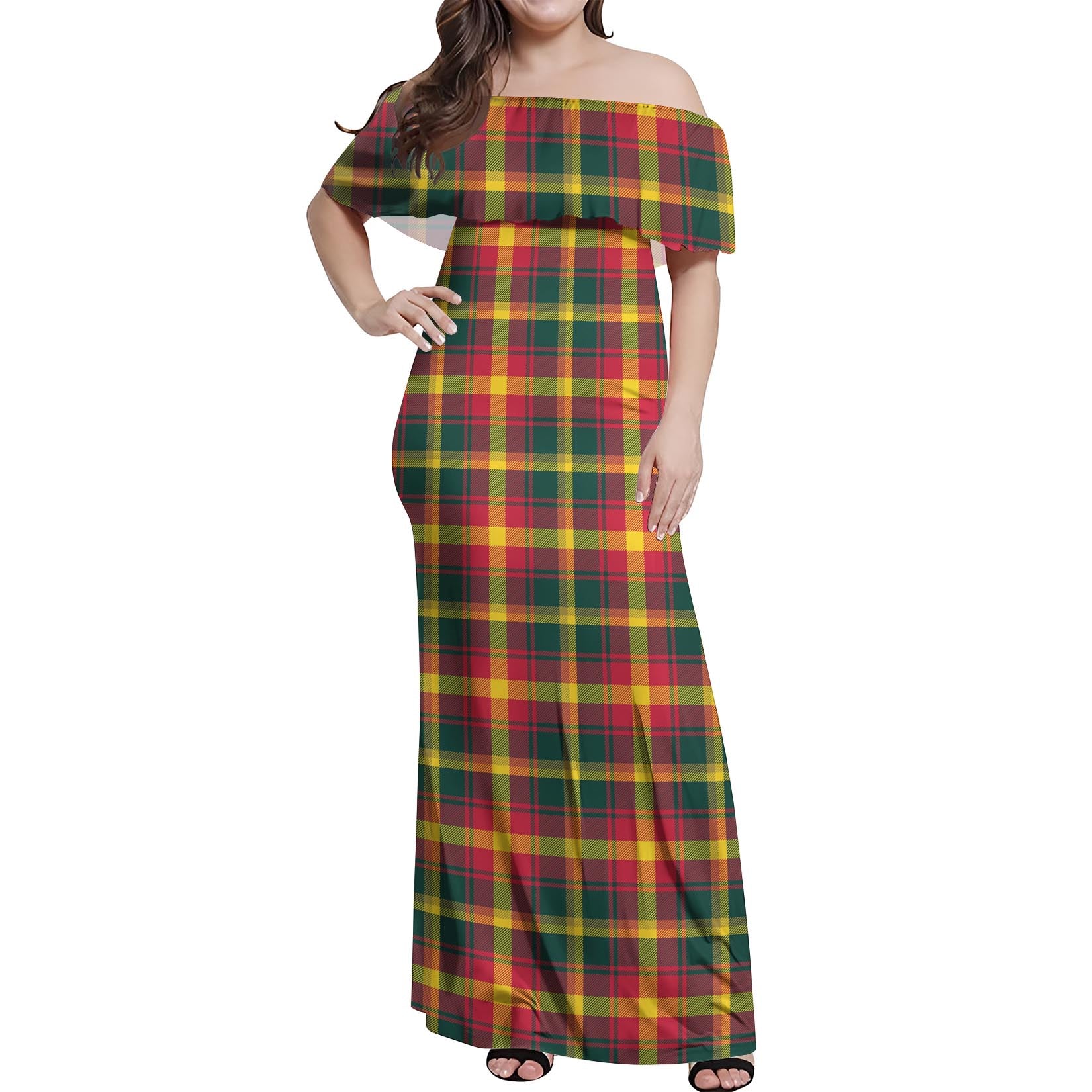 off the shoulder dress canada Tartanvibesclothing Maple Leaf Canada Tartan Off Shoulder Long Dress