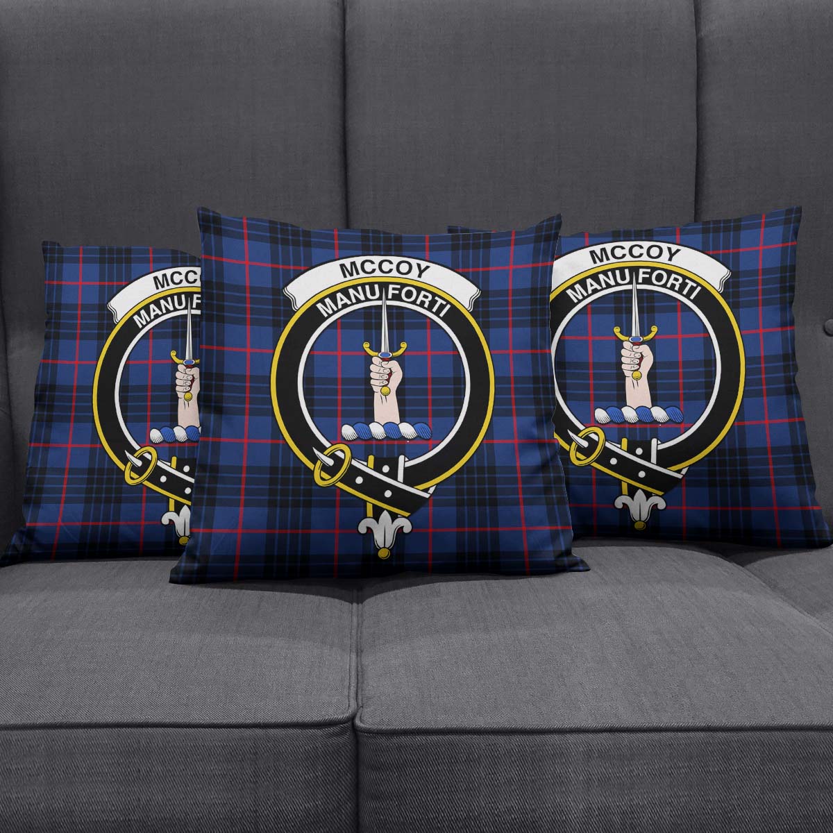 McCoy Blue Tartan Pillow Cover with Family Crest Square Pillow Cover - Tartanvibesclothing