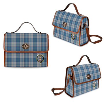 Menzies Dress Blue and White Tartan Waterproof Canvas Bag with Family Crest