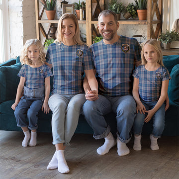 Menzies Dress Blue and White Tartan T-Shirt with Family Crest