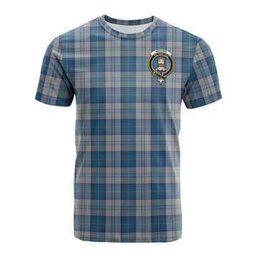 Menzies Dress Blue and White Tartan T-Shirt with Family Crest