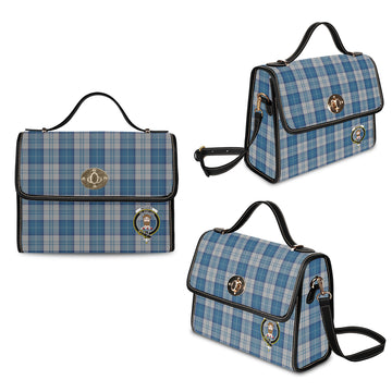 Menzies Dress Blue and White Tartan Waterproof Canvas Bag with Family Crest
