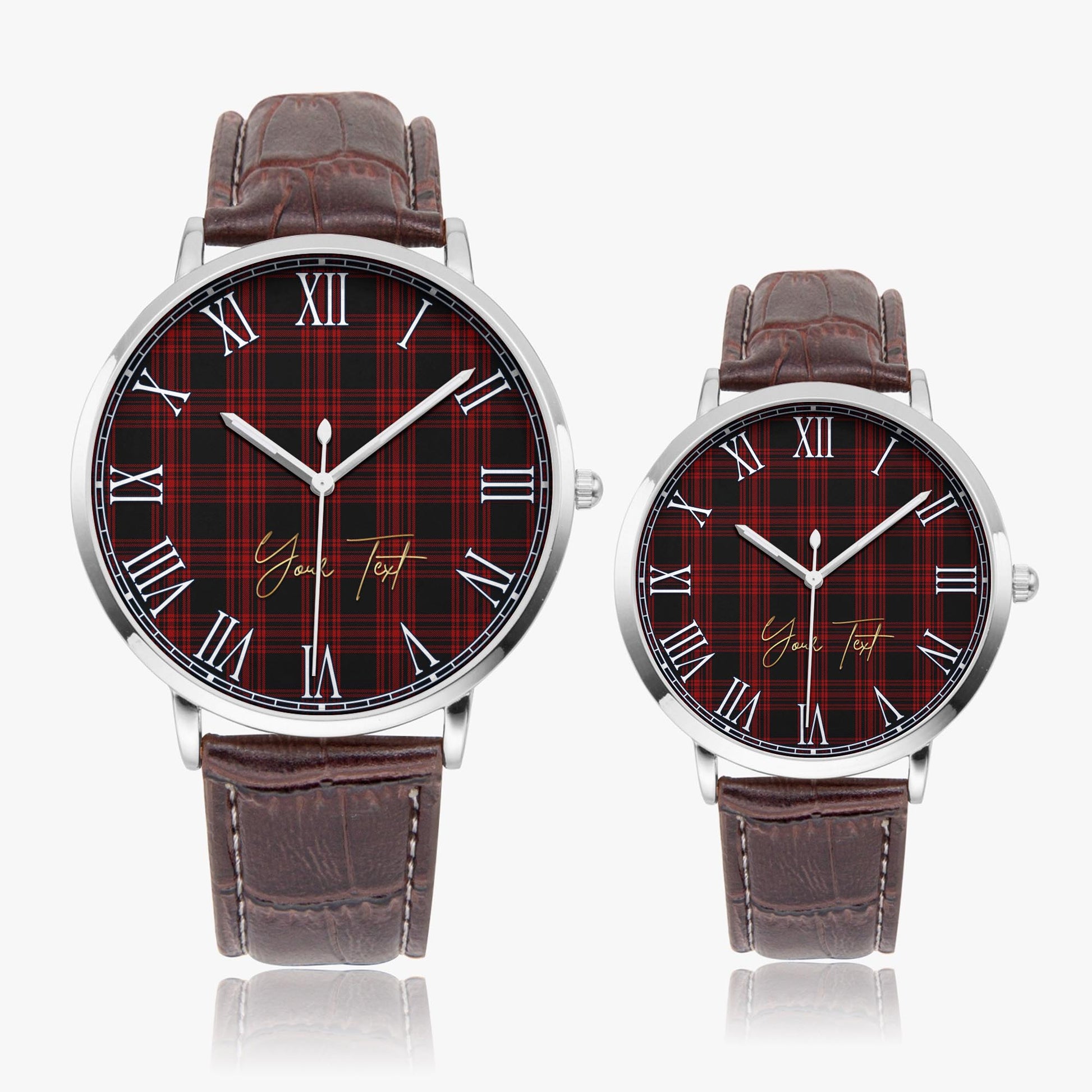 Menzies Hunting Tartan Personalized Your Text Leather Trap Quartz Watch Ultra Thin Silver Case With Brown Leather Strap - Tartanvibesclothing