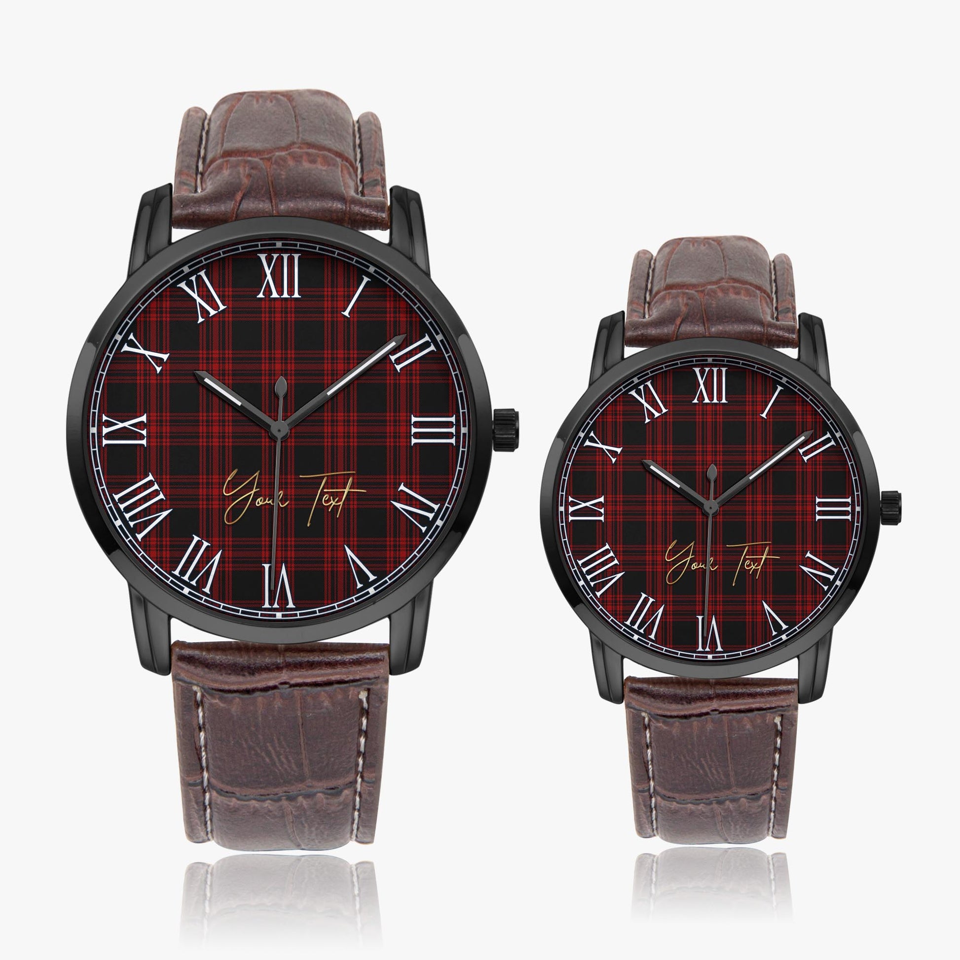 Menzies Hunting Tartan Personalized Your Text Leather Trap Quartz Watch Wide Type Black Case With Brown Leather Strap - Tartanvibesclothing
