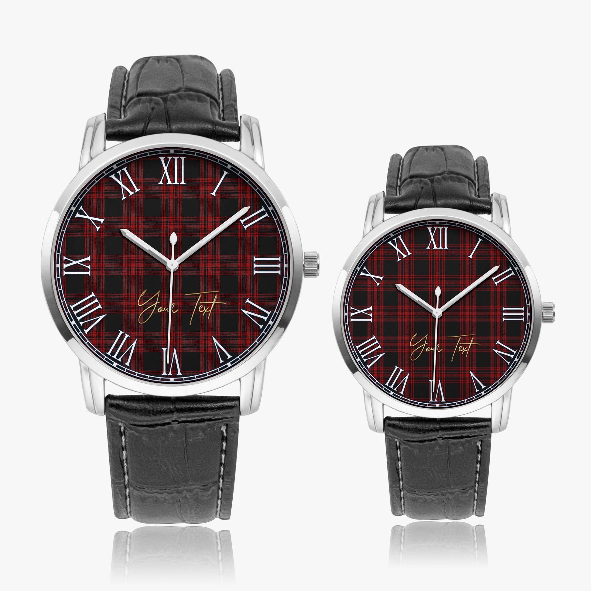 Menzies Hunting Tartan Personalized Your Text Leather Trap Quartz Watch Wide Type Silver Case With Black Leather Strap - Tartanvibesclothing