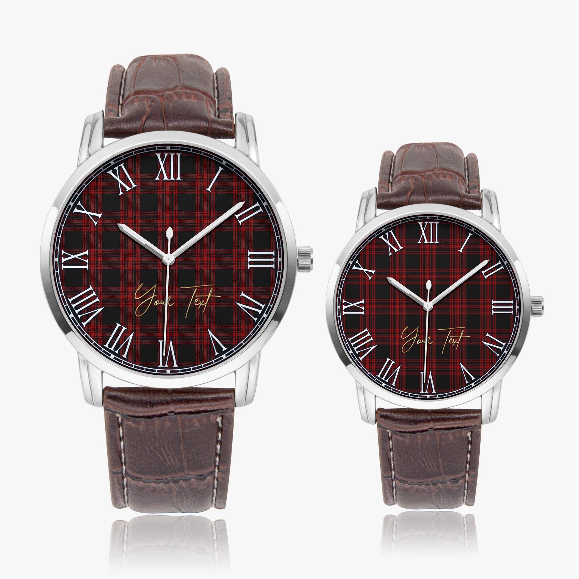 Menzies Hunting Tartan Personalized Your Text Leather Trap Quartz Watch Wide Type Silver Case With Brown Leather Strap - Tartanvibesclothing
