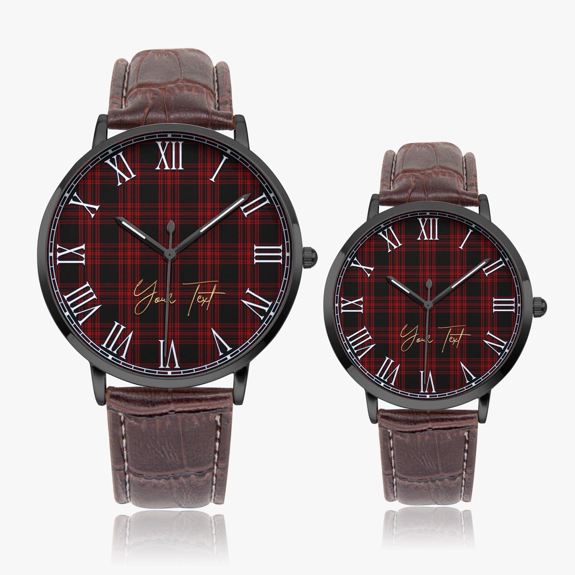 Menzies Hunting Tartan Personalized Your Text Leather Trap Quartz Watch Ultra Thin Black Case With Brown Leather Strap - Tartanvibesclothing