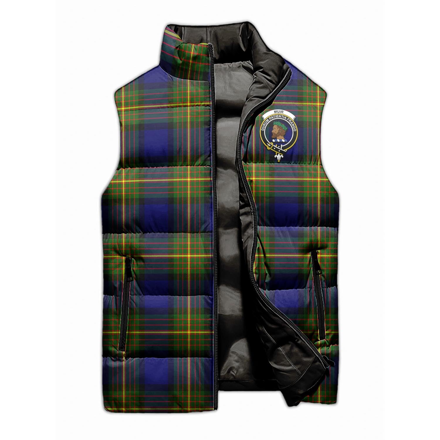 Muir Tartan Sleeveless Puffer Jacket with Family Crest - Tartanvibesclothing