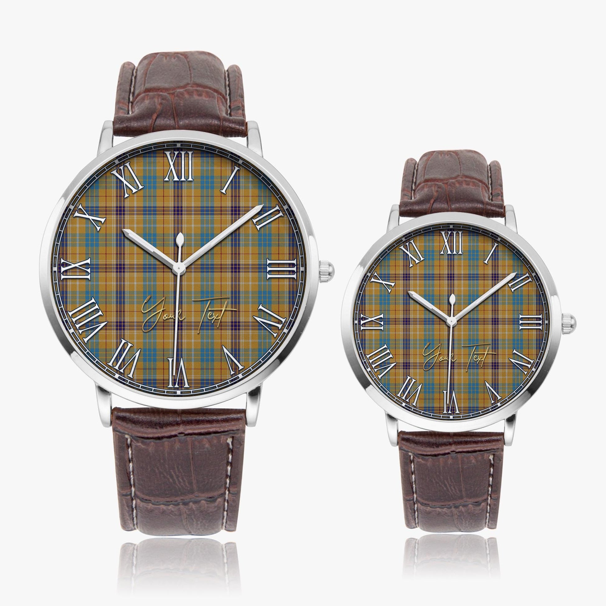 Ottawa Canada Tartan Personalized Your Text Leather Trap Quartz Watch Ultra Thin Silver Case With Brown Leather Strap - Tartanvibesclothing