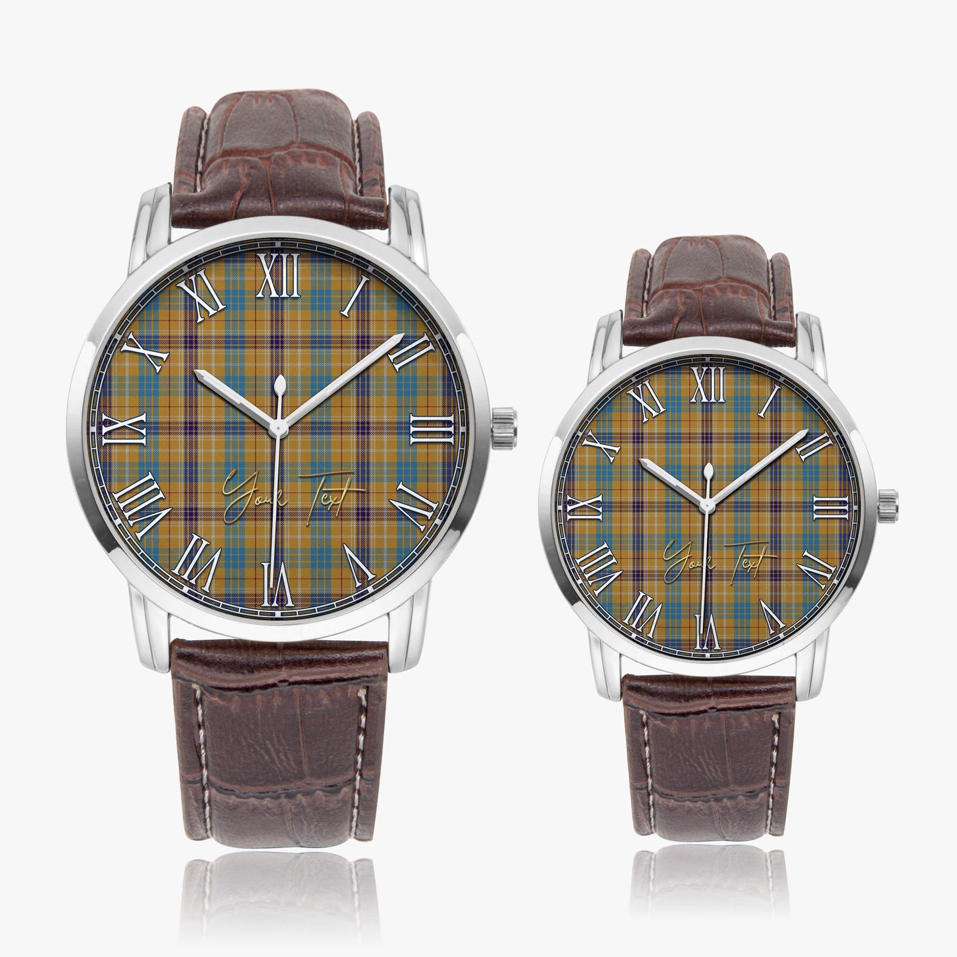 Ottawa Canada Tartan Personalized Your Text Leather Trap Quartz Watch Wide Type Silver Case With Brown Leather Strap - Tartanvibesclothing