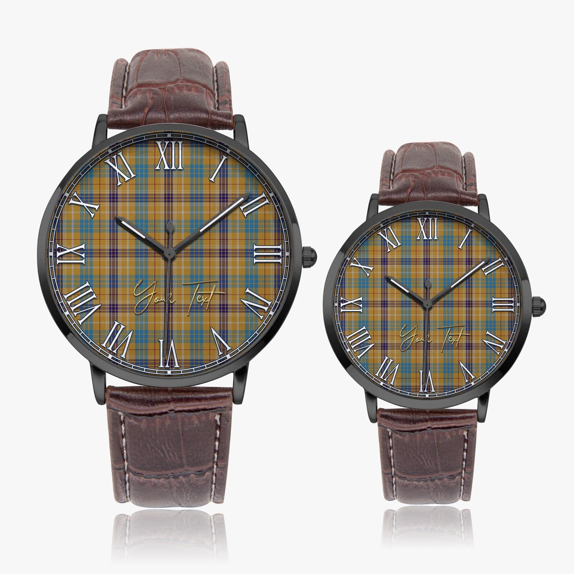 Ottawa Canada Tartan Personalized Your Text Leather Trap Quartz Watch Ultra Thin Black Case With Brown Leather Strap - Tartanvibesclothing
