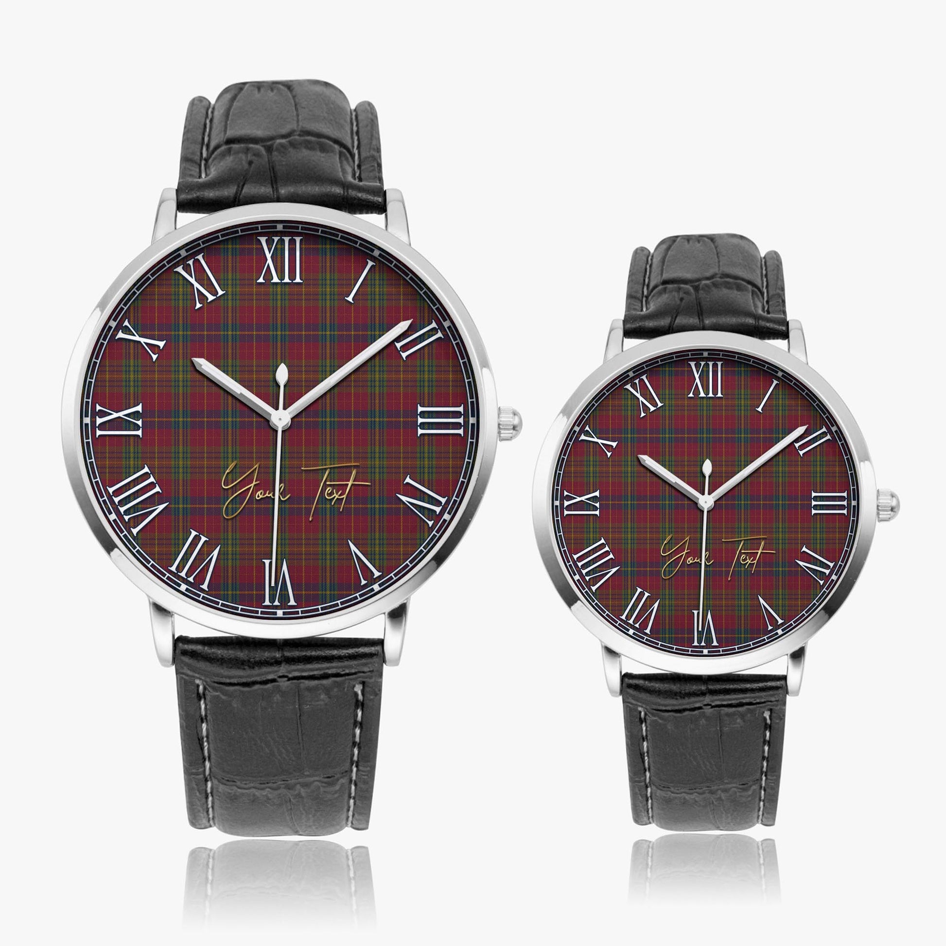 Rice of Wales Tartan Personalized Your Text Leather Trap Quartz Watch Ultra Thin Silver Case With Black Leather Strap - Tartanvibesclothing