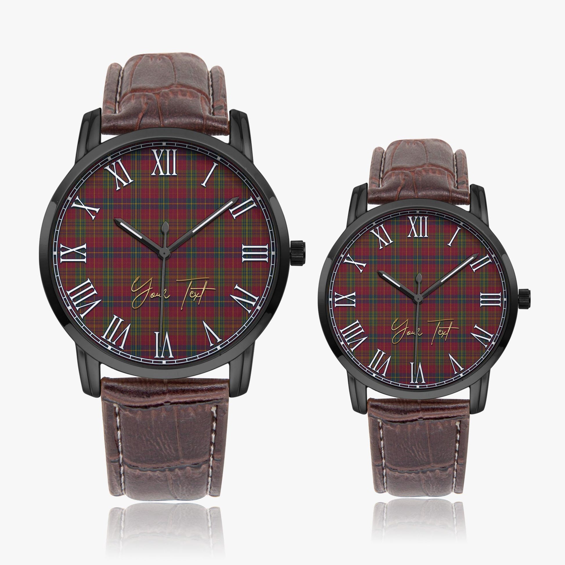 Rice of Wales Tartan Personalized Your Text Leather Trap Quartz Watch Wide Type Black Case With Brown Leather Strap - Tartanvibesclothing