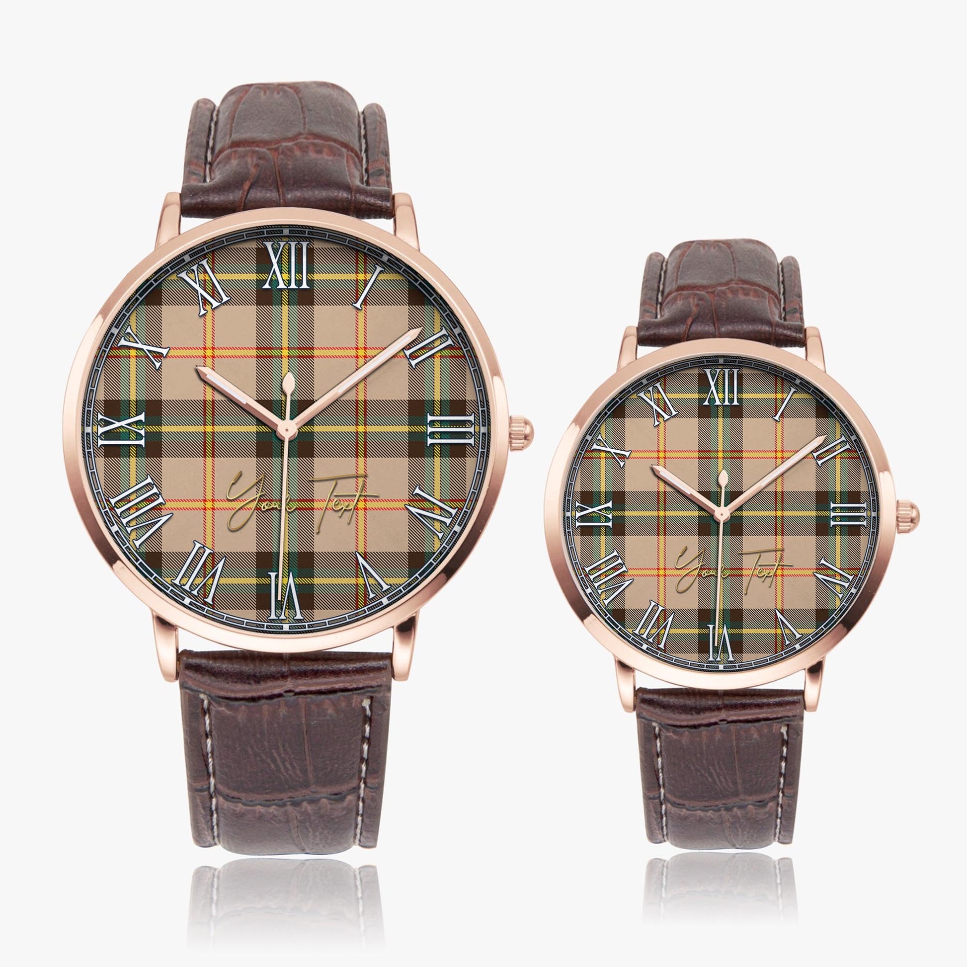 Saskatchewan Province Canada Tartan Personalized Your Text Leather Trap Quartz Watch Ultra Thin Rose Gold Case With Brown Leather Strap - Tartanvibesclothing