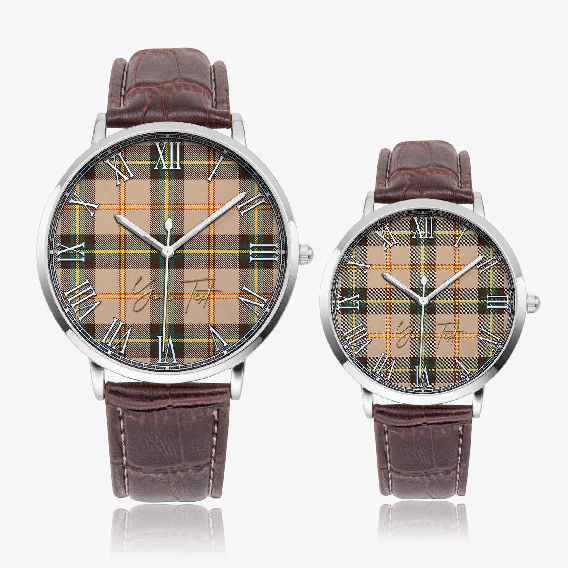 Saskatchewan Province Canada Tartan Personalized Your Text Leather Trap Quartz Watch Ultra Thin Silver Case With Brown Leather Strap - Tartanvibesclothing