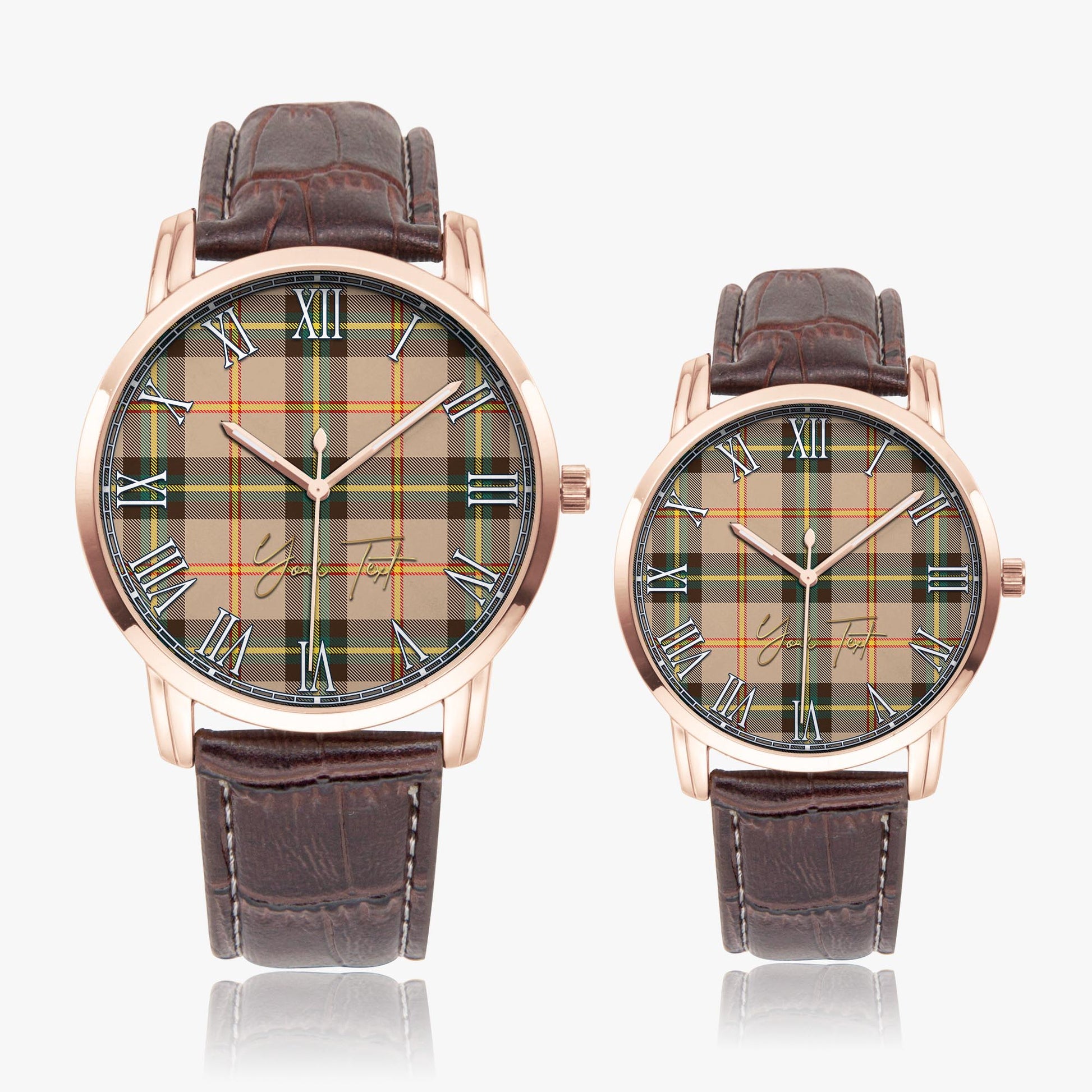 Saskatchewan Province Canada Tartan Personalized Your Text Leather Trap Quartz Watch Wide Type Rose Gold Case With Brown Leather Strap - Tartanvibesclothing