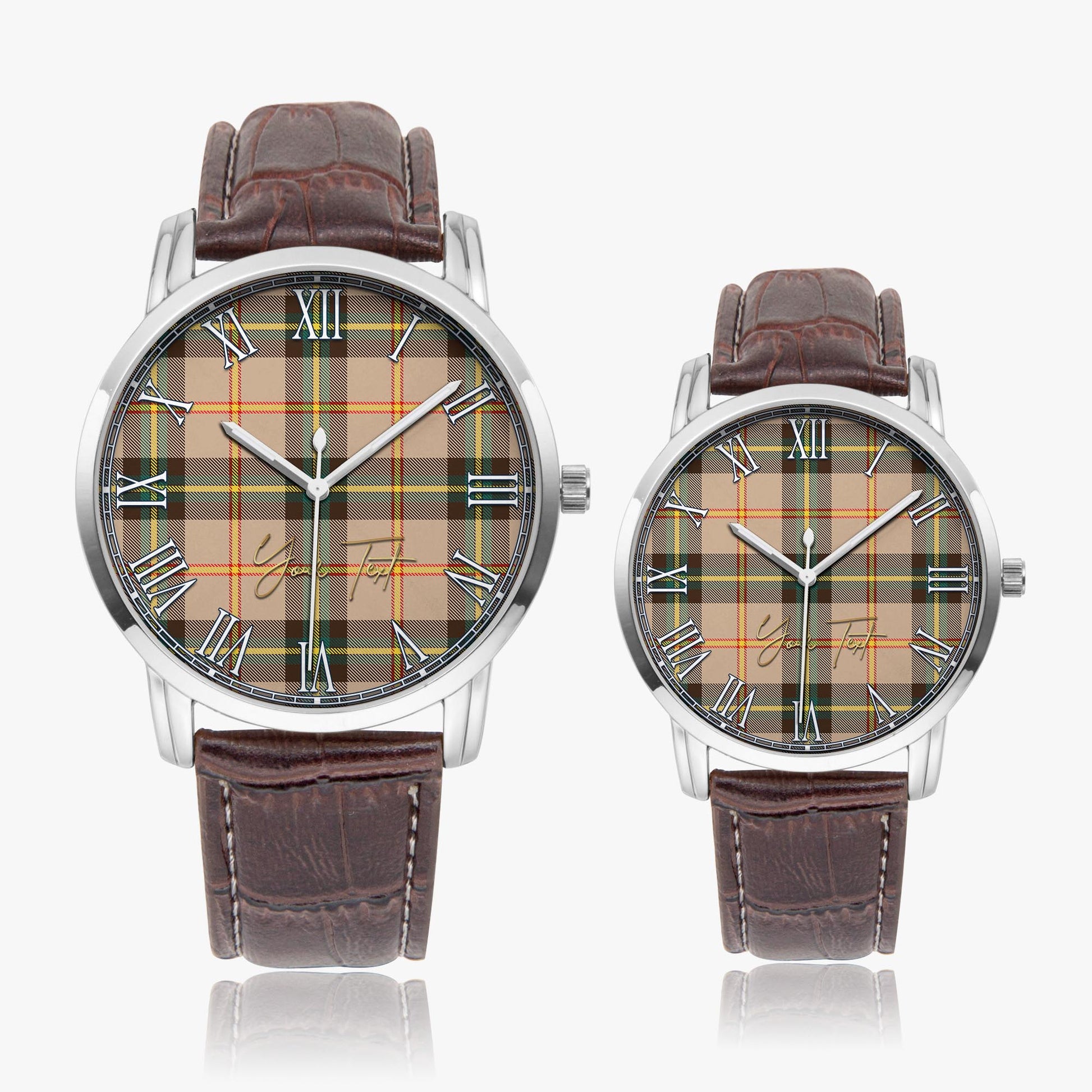 Saskatchewan Province Canada Tartan Personalized Your Text Leather Trap Quartz Watch Wide Type Silver Case With Brown Leather Strap - Tartanvibesclothing