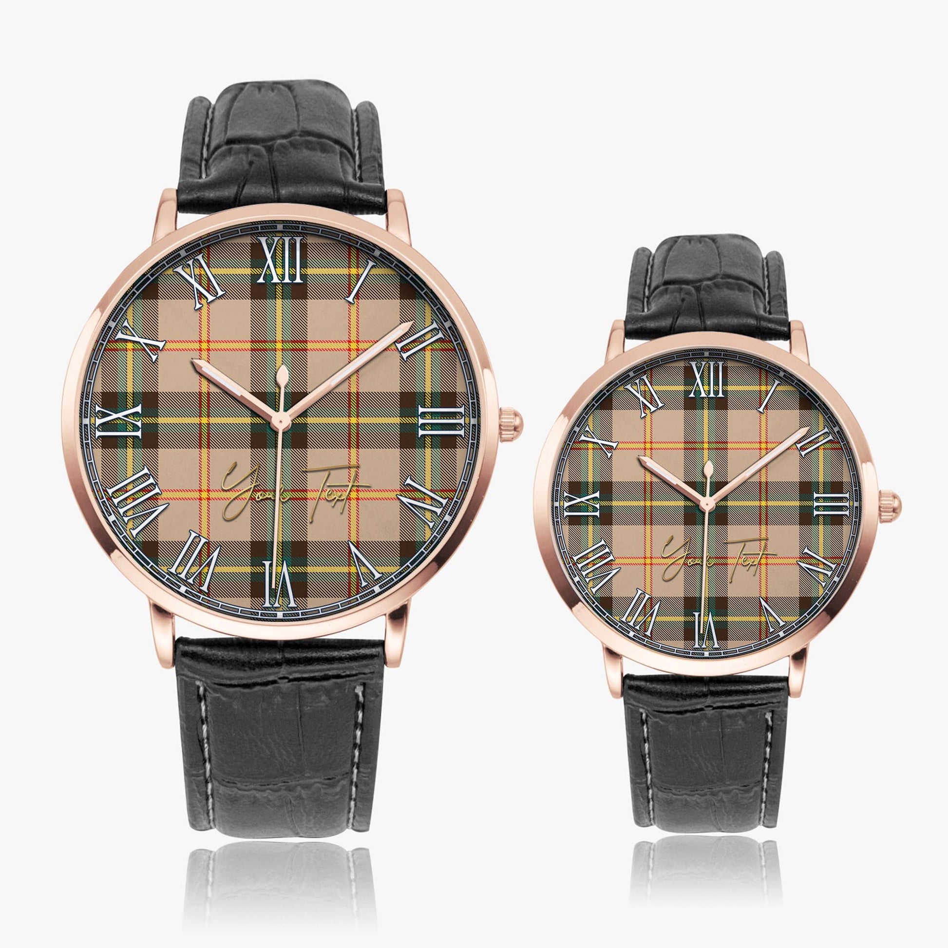 Saskatchewan Province Canada Tartan Personalized Your Text Leather Trap Quartz Watch Ultra Thin Rose Gold Case With Black Leather Strap - Tartanvibesclothing