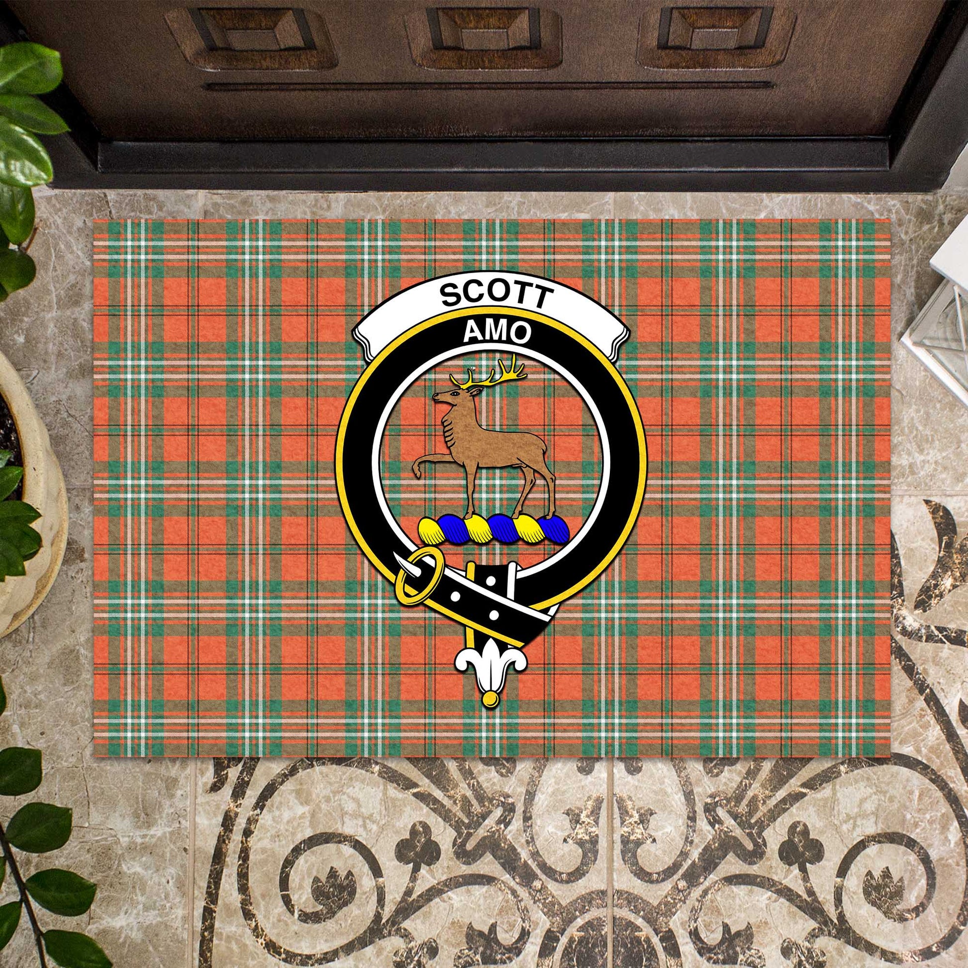 Scott Ancient Tartan Door Mat with Family Crest - Tartanvibesclothing Shop