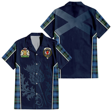 Smith Ancient Tartan Short Sleeve Button Up Shirt with Family Crest and Scottish Thistle Vibes Sport Style