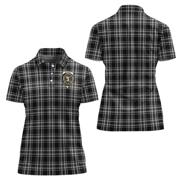 Stewart Black and White Tartan Polo Shirt with Family Crest For Women