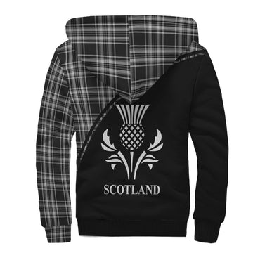 Stewart Black and White Tartan Sherpa Hoodie with Family Crest Curve Style