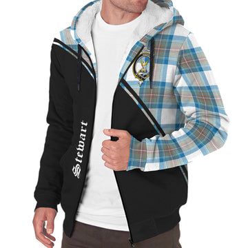 Stewart Muted Blue Tartan Sherpa Hoodie with Family Crest Curve Style