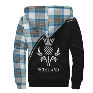 Stewart Muted Blue Tartan Sherpa Hoodie with Family Crest Curve Style