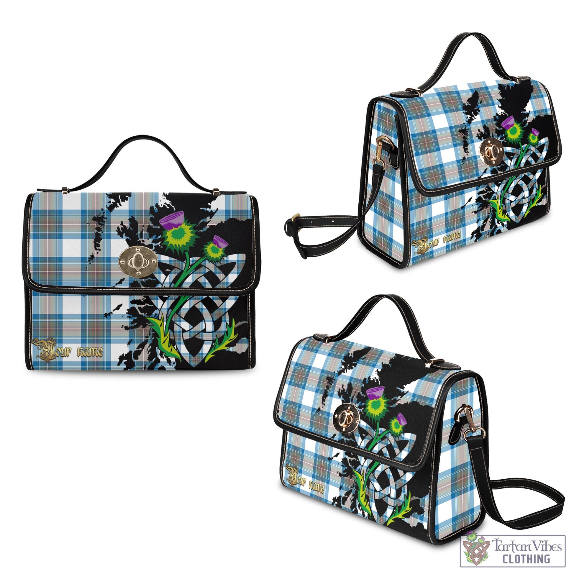 Tartan Vibes Clothing Stewart Muted Blue Tartan Waterproof Canvas Bag with Scotland Map and Thistle Celtic Accents