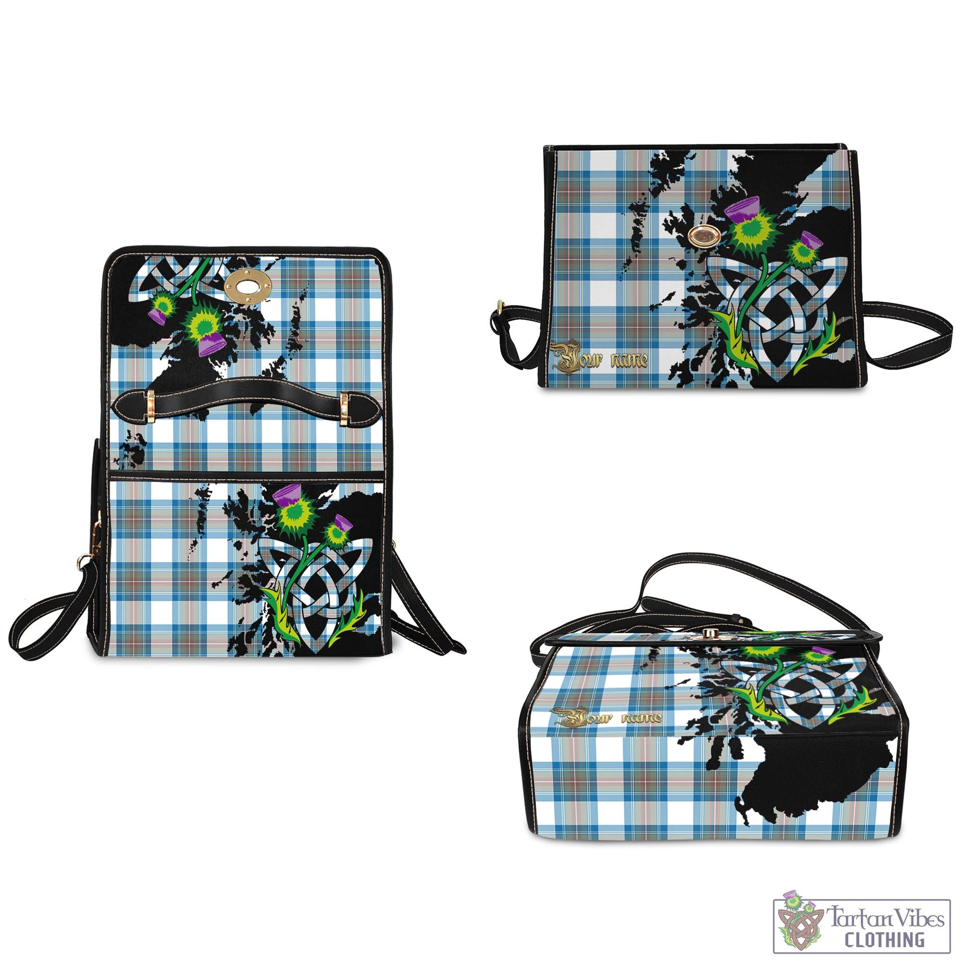 Tartan Vibes Clothing Stewart Muted Blue Tartan Waterproof Canvas Bag with Scotland Map and Thistle Celtic Accents