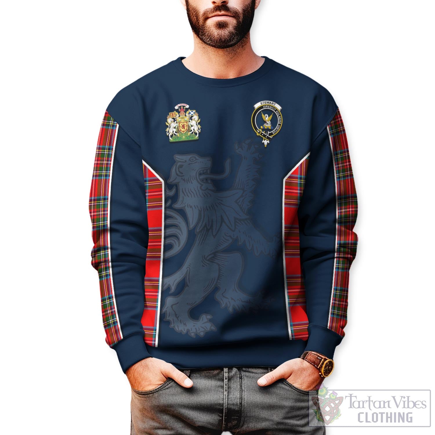 Tartan Vibes Clothing Stewart Royal Tartan Sweater with Family Crest and Lion Rampant Vibes Sport Style