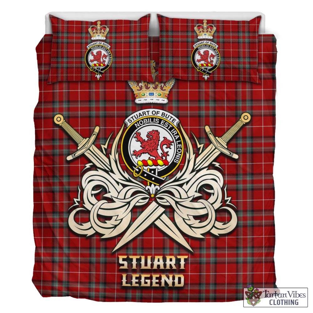 Tartan Vibes Clothing Stuart of Bute Tartan Bedding Set with Clan Crest and the Golden Sword of Courageous Legacy