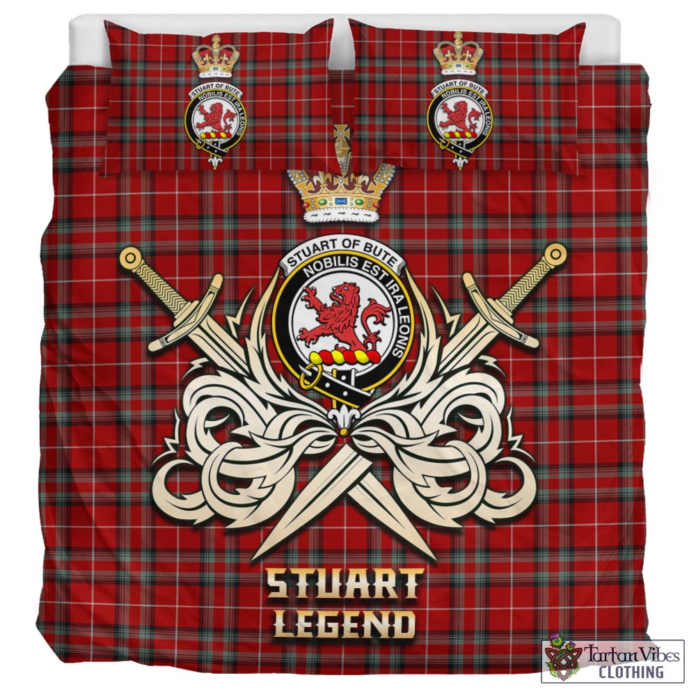 Tartan Vibes Clothing Stuart of Bute Tartan Bedding Set with Clan Crest and the Golden Sword of Courageous Legacy