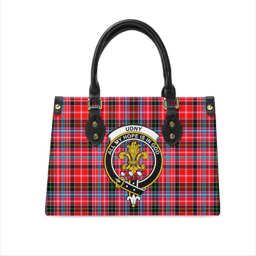 Udny Tartan Leather Bag with Family Crest