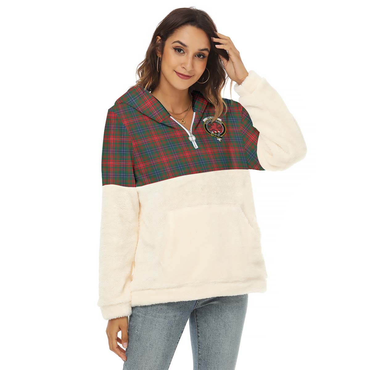 wilson-modern-tartan-womens-borg-fleece-hoodie-with-half-zip-with-family-crest