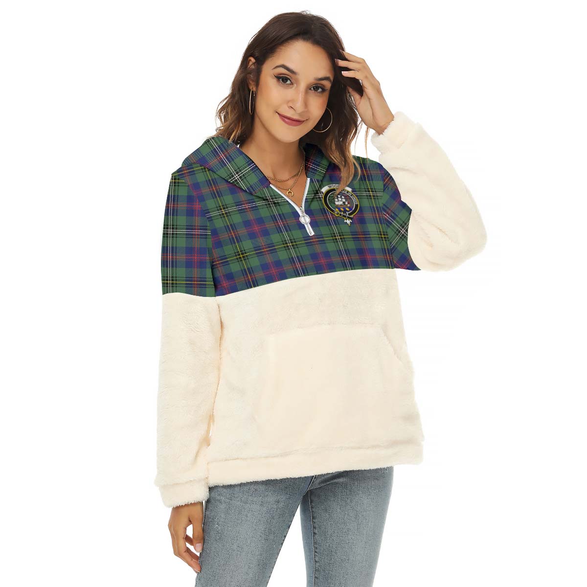 wood-modern-tartan-womens-borg-fleece-hoodie-with-half-zip-with-family-crest