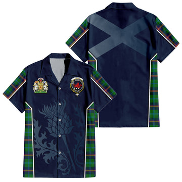 Young Modern Tartan Short Sleeve Button Up Shirt with Family Crest and Scottish Thistle Vibes Sport Style