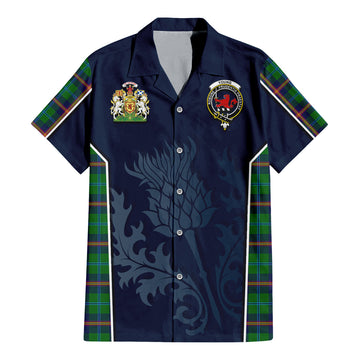 Young Modern Tartan Short Sleeve Button Up Shirt with Family Crest and Scottish Thistle Vibes Sport Style