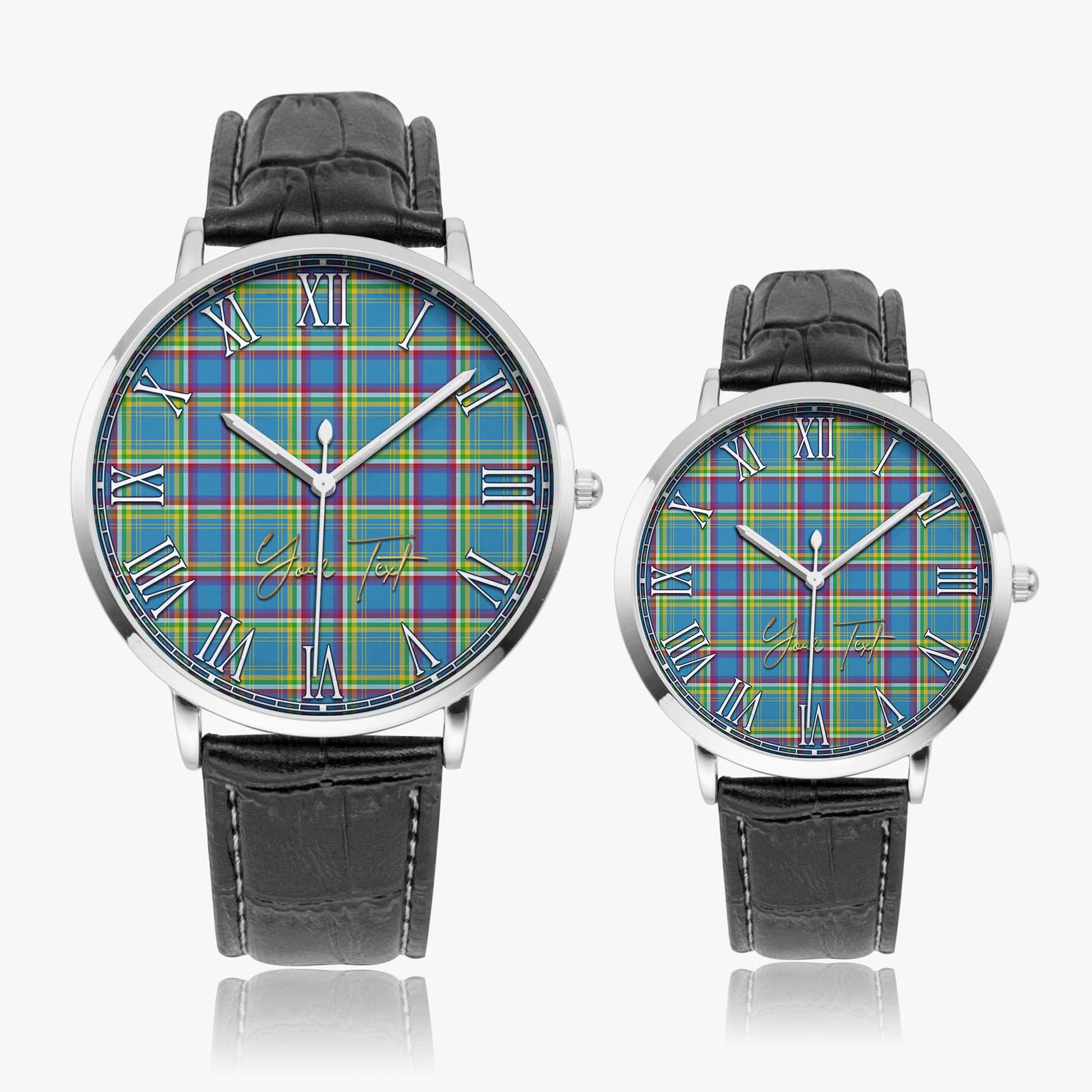 Yukon Territory Canada Tartan Personalized Your Text Leather Trap Quartz Watch Ultra Thin Silver Case With Black Leather Strap - Tartanvibesclothing Shop