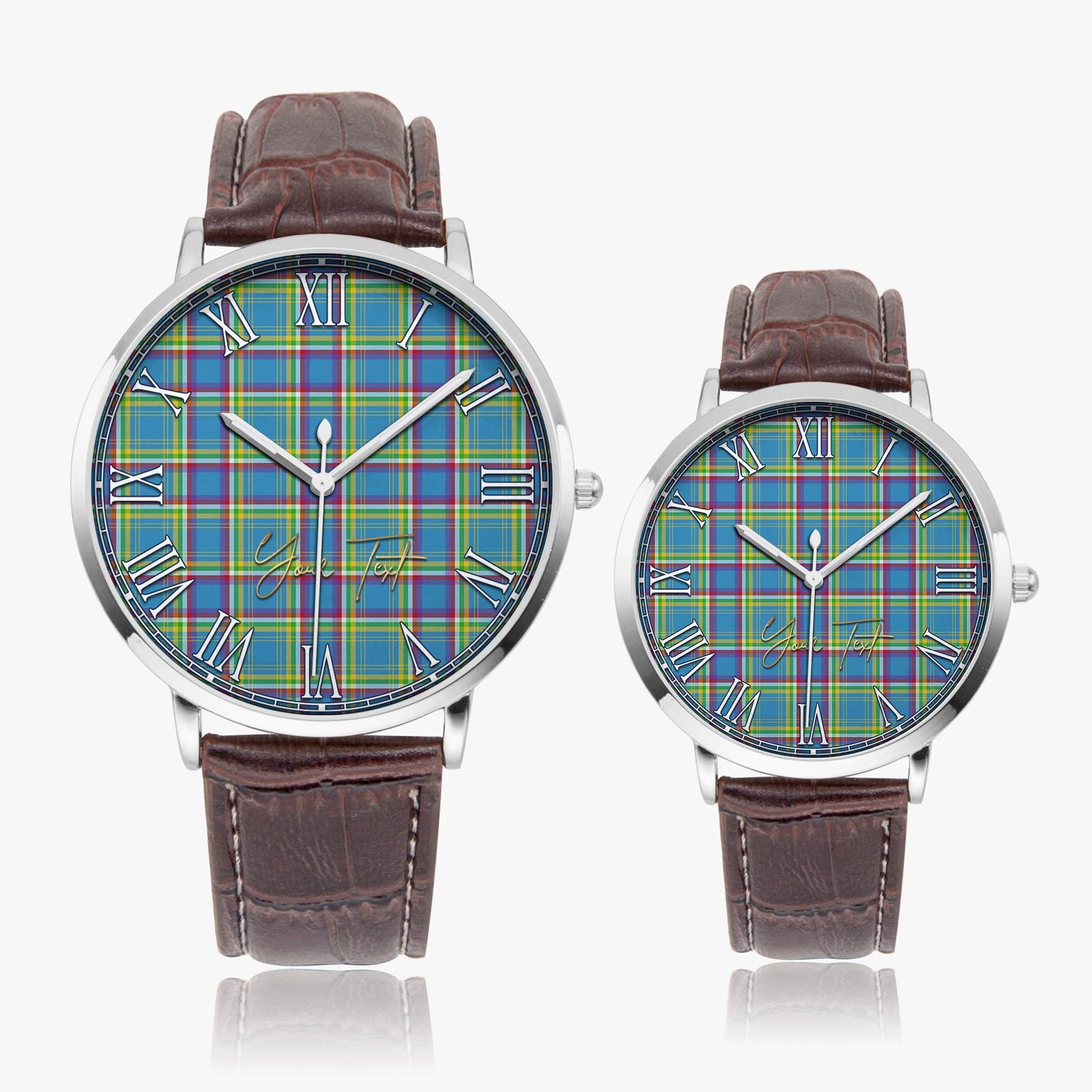 Yukon Territory Canada Tartan Personalized Your Text Leather Trap Quartz Watch Ultra Thin Silver Case With Brown Leather Strap - Tartanvibesclothing Shop