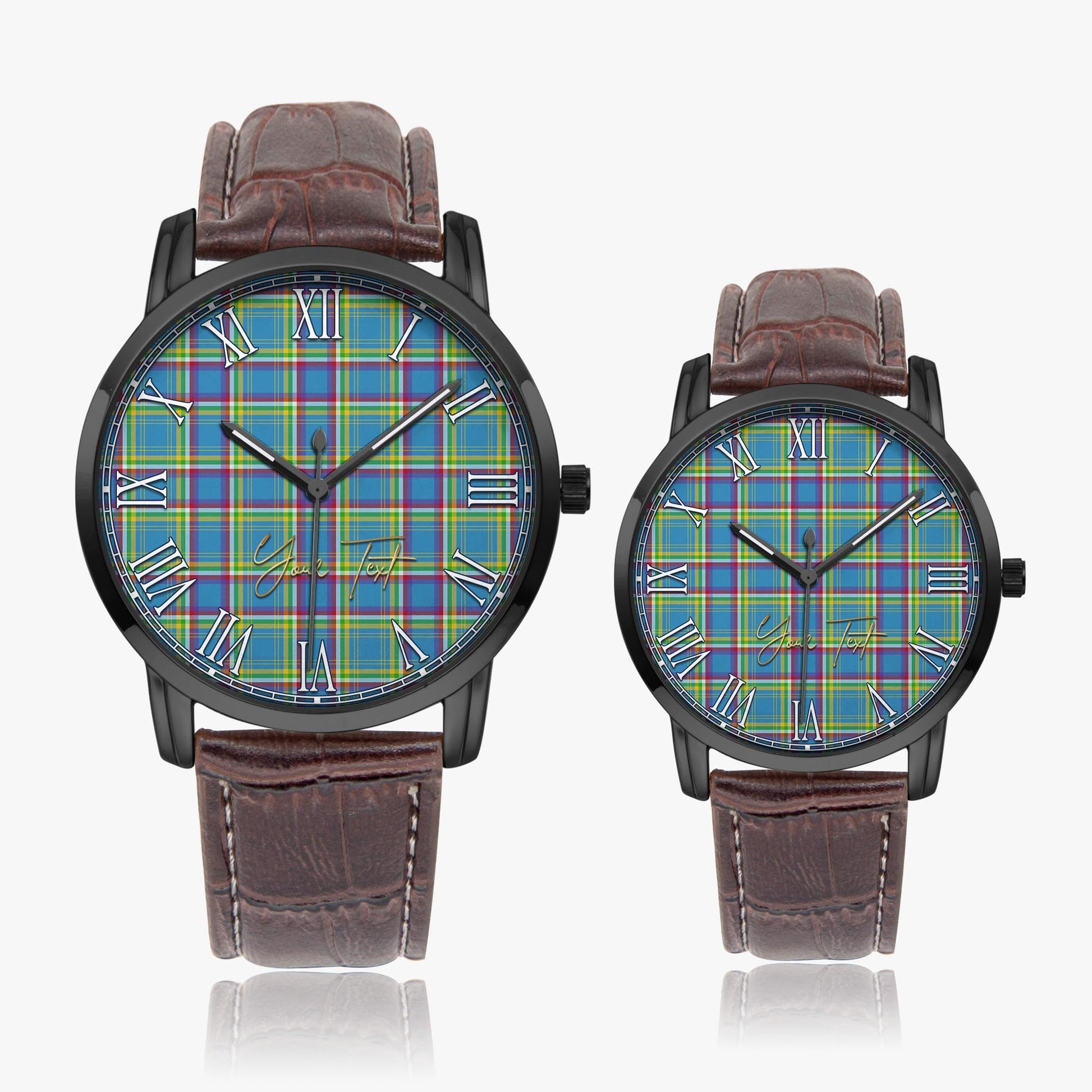 Yukon Territory Canada Tartan Personalized Your Text Leather Trap Quartz Watch Wide Type Black Case With Brown Leather Strap - Tartanvibesclothing Shop
