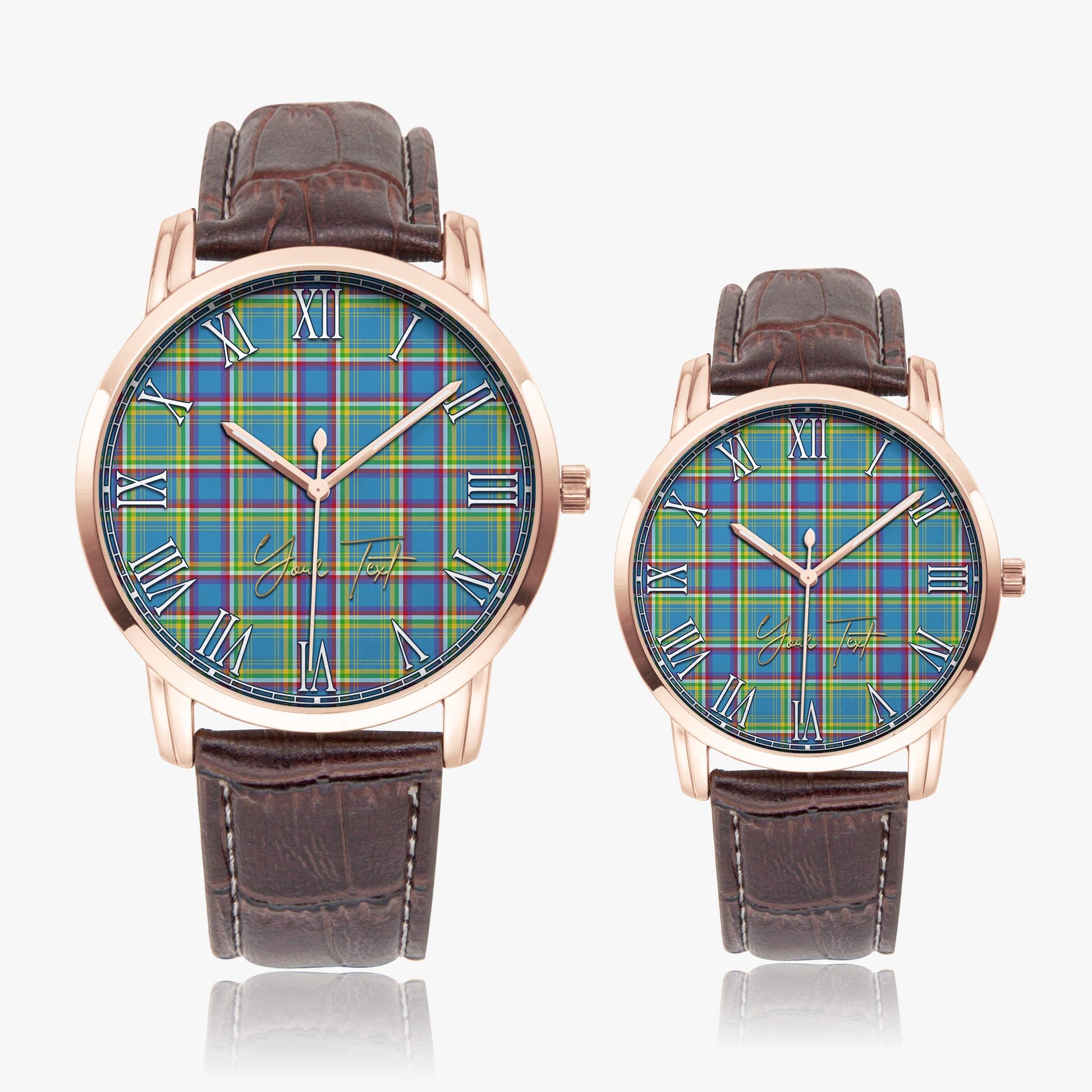 Yukon Territory Canada Tartan Personalized Your Text Leather Trap Quartz Watch Wide Type Rose Gold Case With Brown Leather Strap - Tartanvibesclothing Shop
