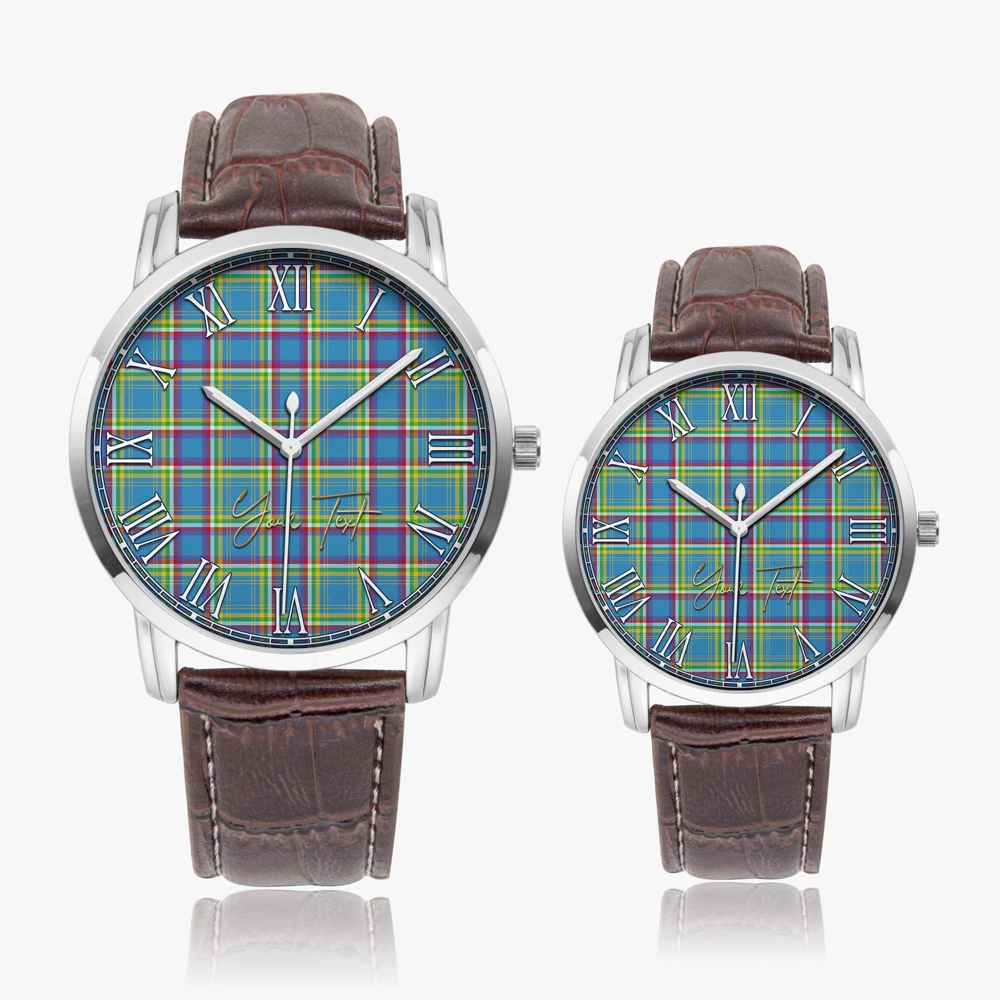 Yukon Territory Canada Tartan Personalized Your Text Leather Trap Quartz Watch Wide Type Silver Case With Brown Leather Strap - Tartanvibesclothing Shop