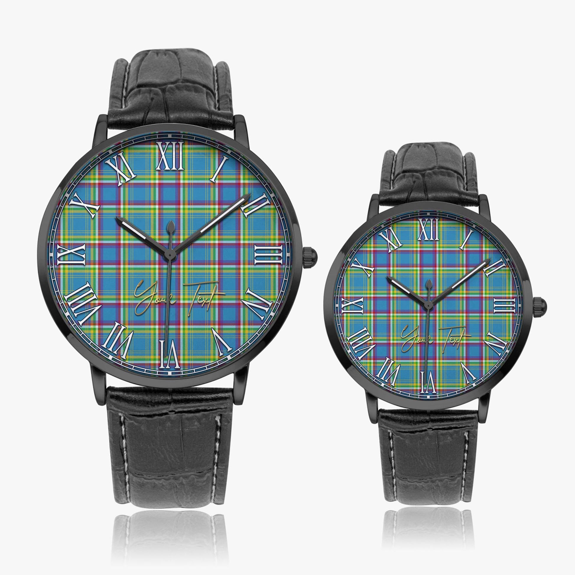 Yukon Territory Canada Tartan Personalized Your Text Leather Trap Quartz Watch Ultra Thin Black Case With Black Leather Strap - Tartanvibesclothing Shop