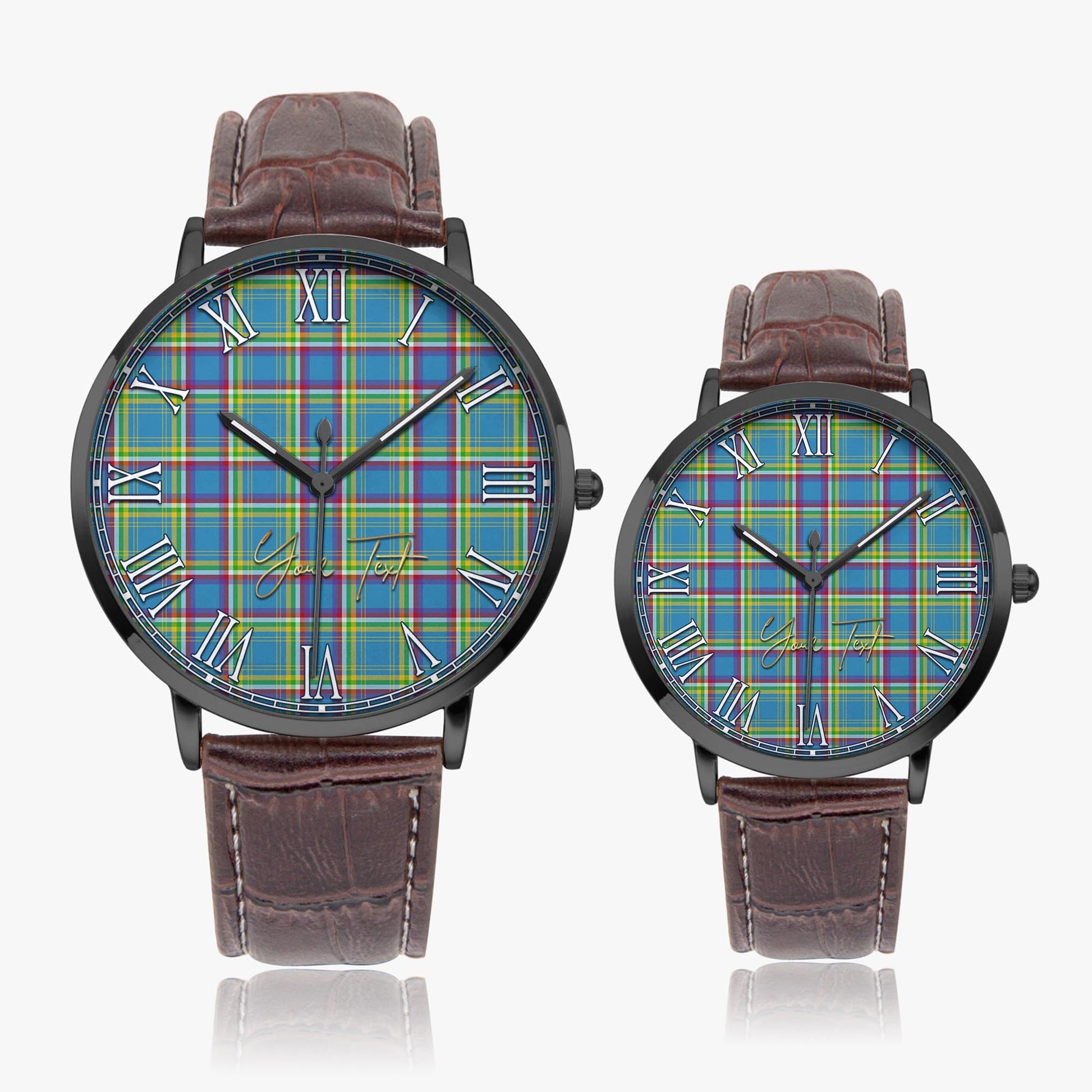 Yukon Territory Canada Tartan Personalized Your Text Leather Trap Quartz Watch Ultra Thin Black Case With Brown Leather Strap - Tartanvibesclothing Shop