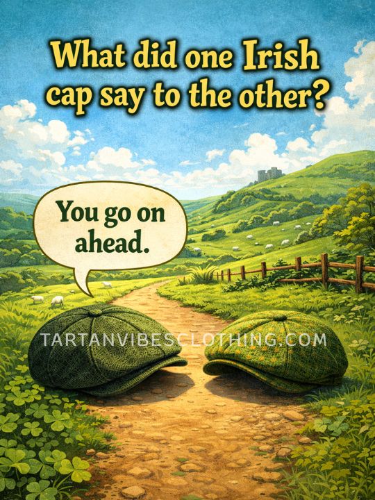 Funny Irish cap joke illustration with green flat caps, St. Patrick’s Day humor.