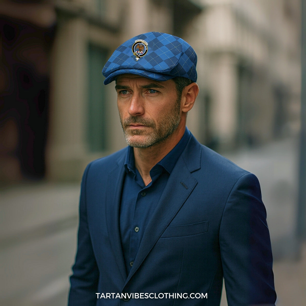 Abercrombie Scottish Family Crest Flat Cap Navy Argyle 