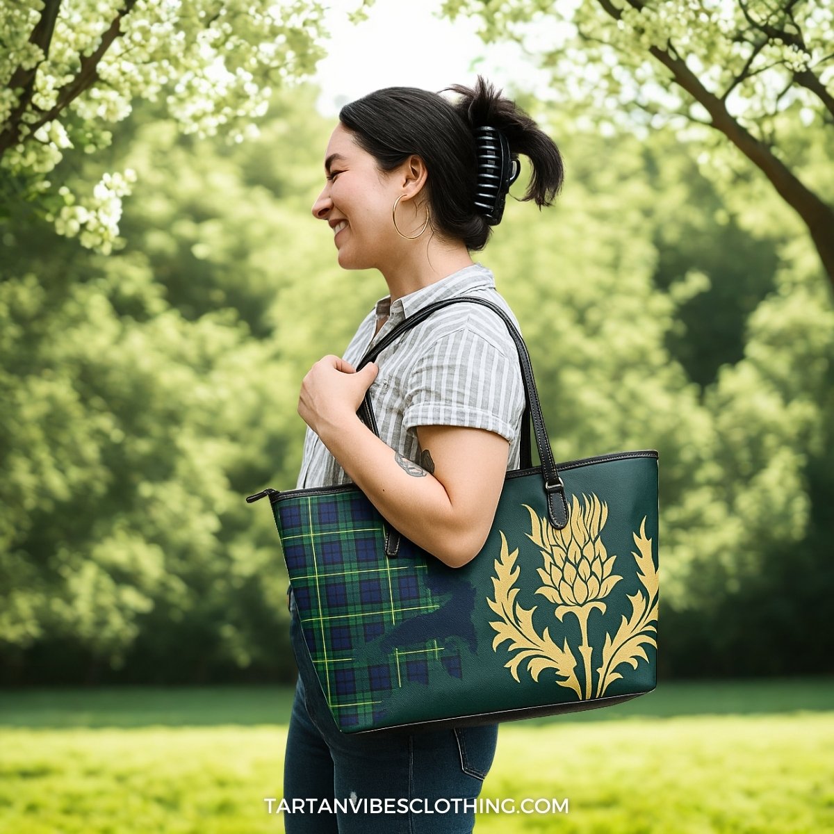 Abercrombie Tartan Leather Tote Bag Gold Thistle