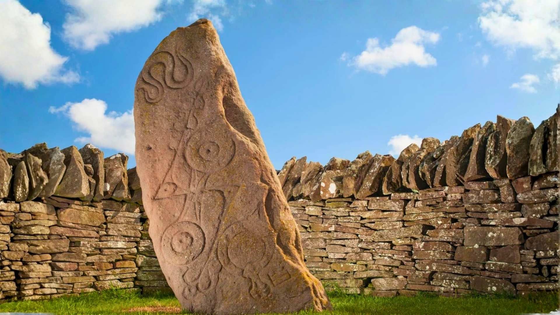 Ancient Pictish carvings on the Aberlemno Stone in Scotland.