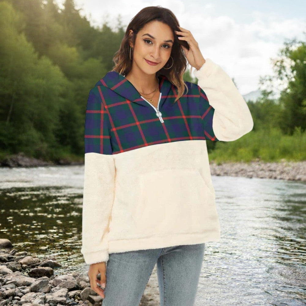 Agnew Tartan Half Style Women's Borg Fleece Hoodie with Half Zip